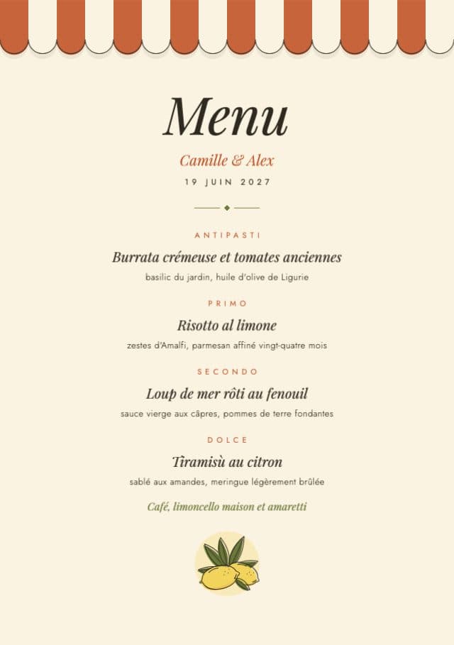 Voorbeeld van het ontwerp Dinermenu uit de collectie Dolce Vita